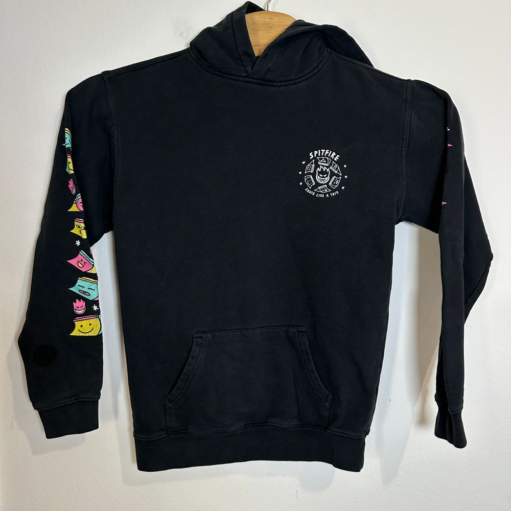 Spitfire Skateboarding‎ Hoodie Black Sleeve Print Graphic Sweatshirt Size S